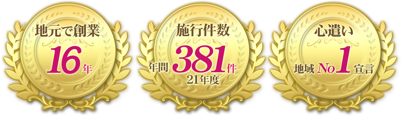 地元で創業16年　施工件数年間381件（21年度）　心遣い地域No.1宣言