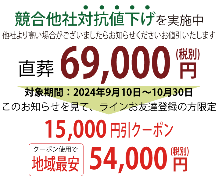 姫路たつの地区最安価格　直葬5,4000円（税別）～　事前登録割引価格・火葬料金別 税込59,400円～